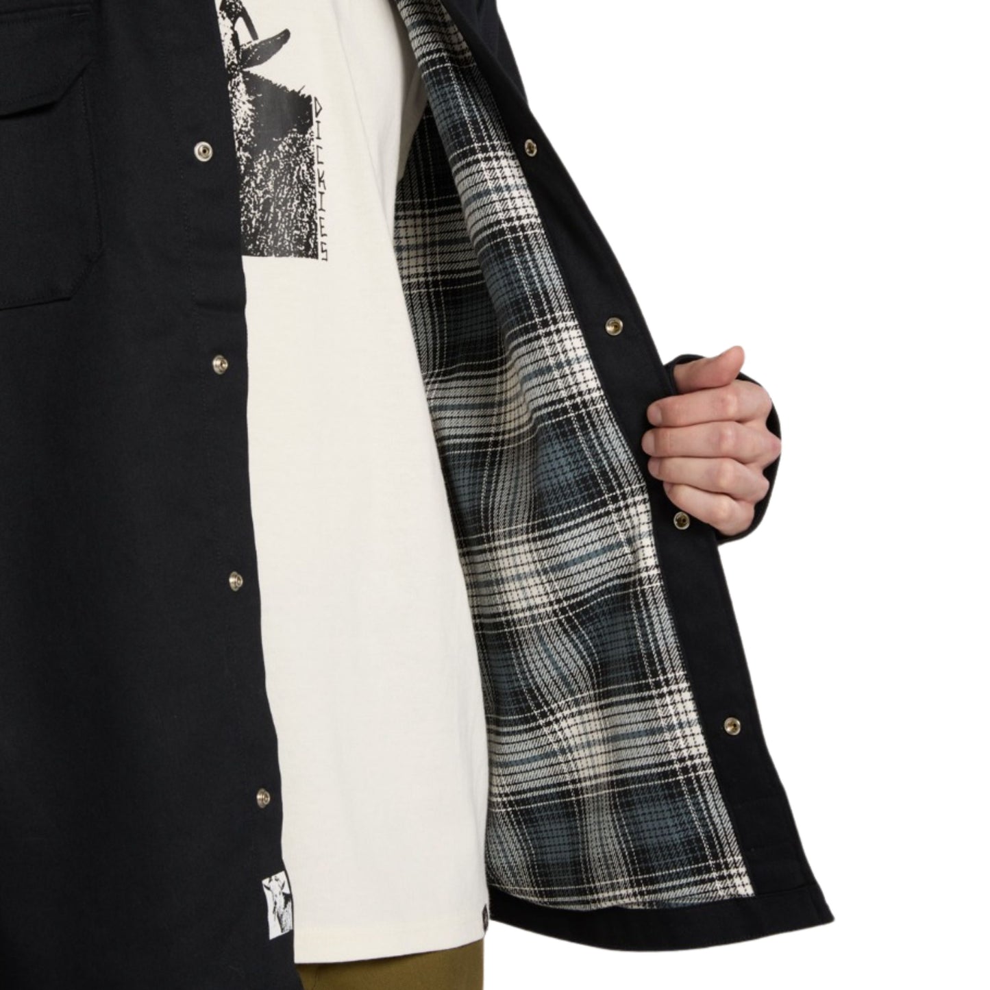 Casaco camiseiro para homem Dickies Mike Anderson Lined Flex Duck em Preto. Foto de detalhe do forro.