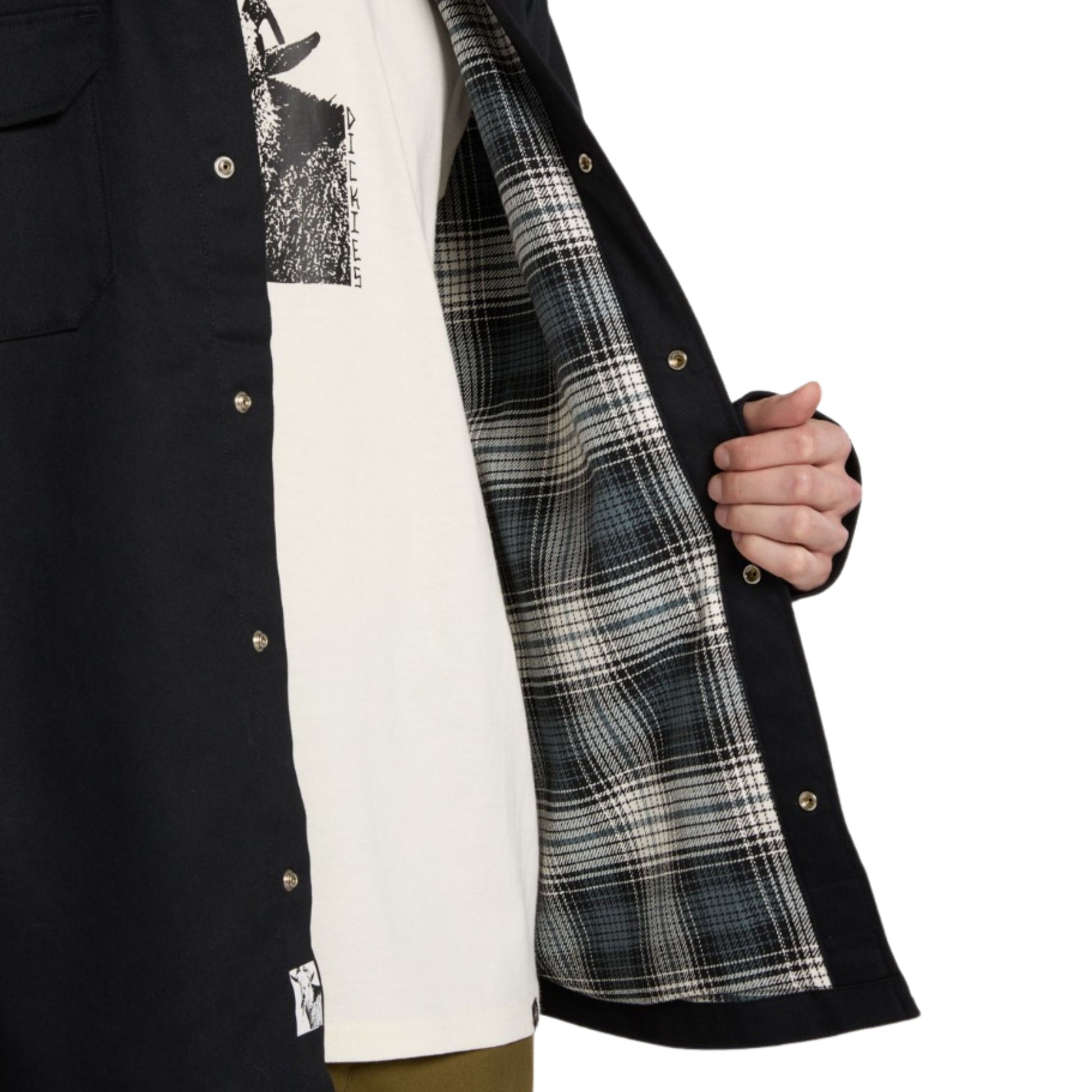 Casaco camiseiro para homem Dickies Mike Anderson Lined Flex Duck em Preto. Foto de detalhe do forro.