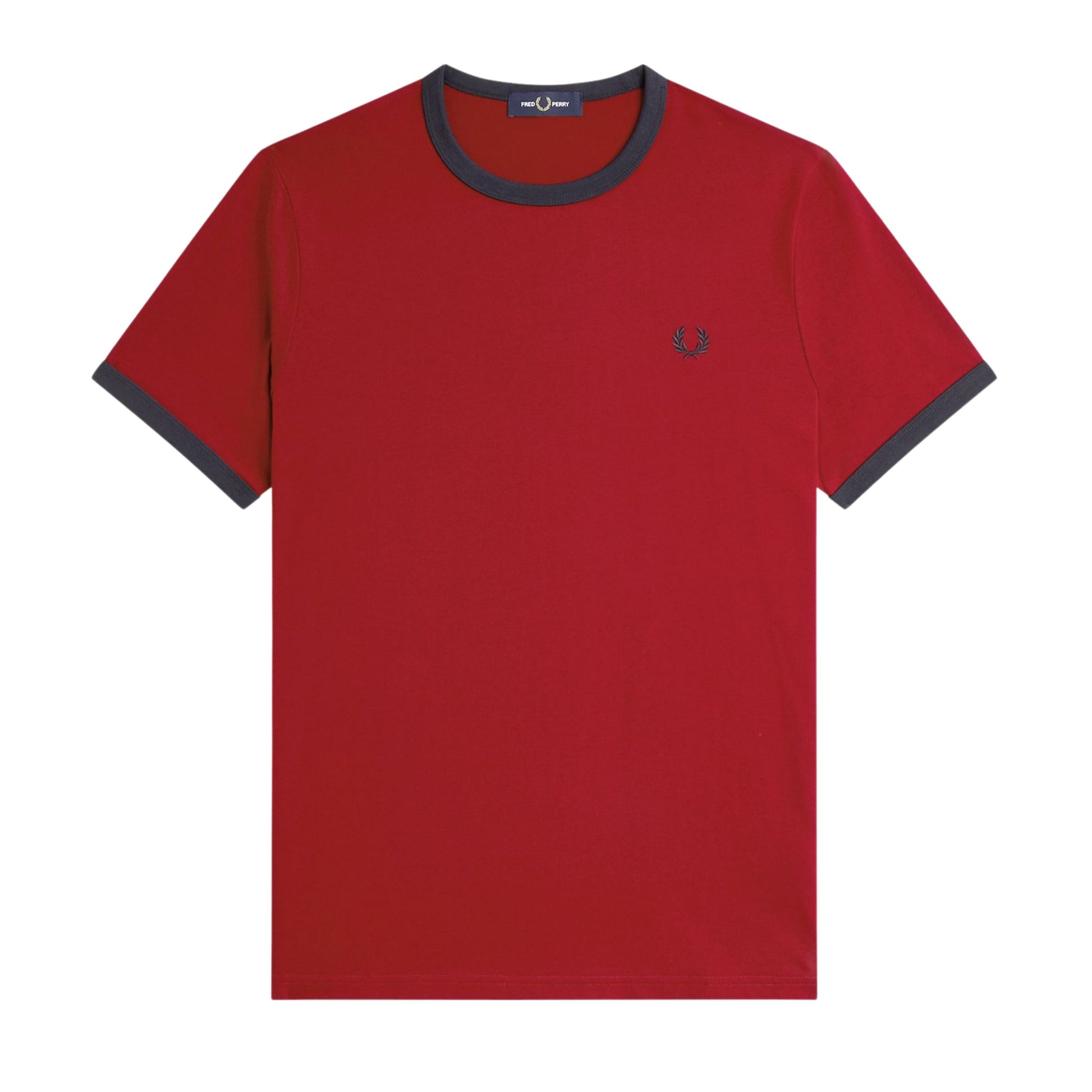 T-Shirt com manga curta para homem Fred Perry Ringer em Vermelho Burnt/Azul Marinho. Foto da parte da frente.
