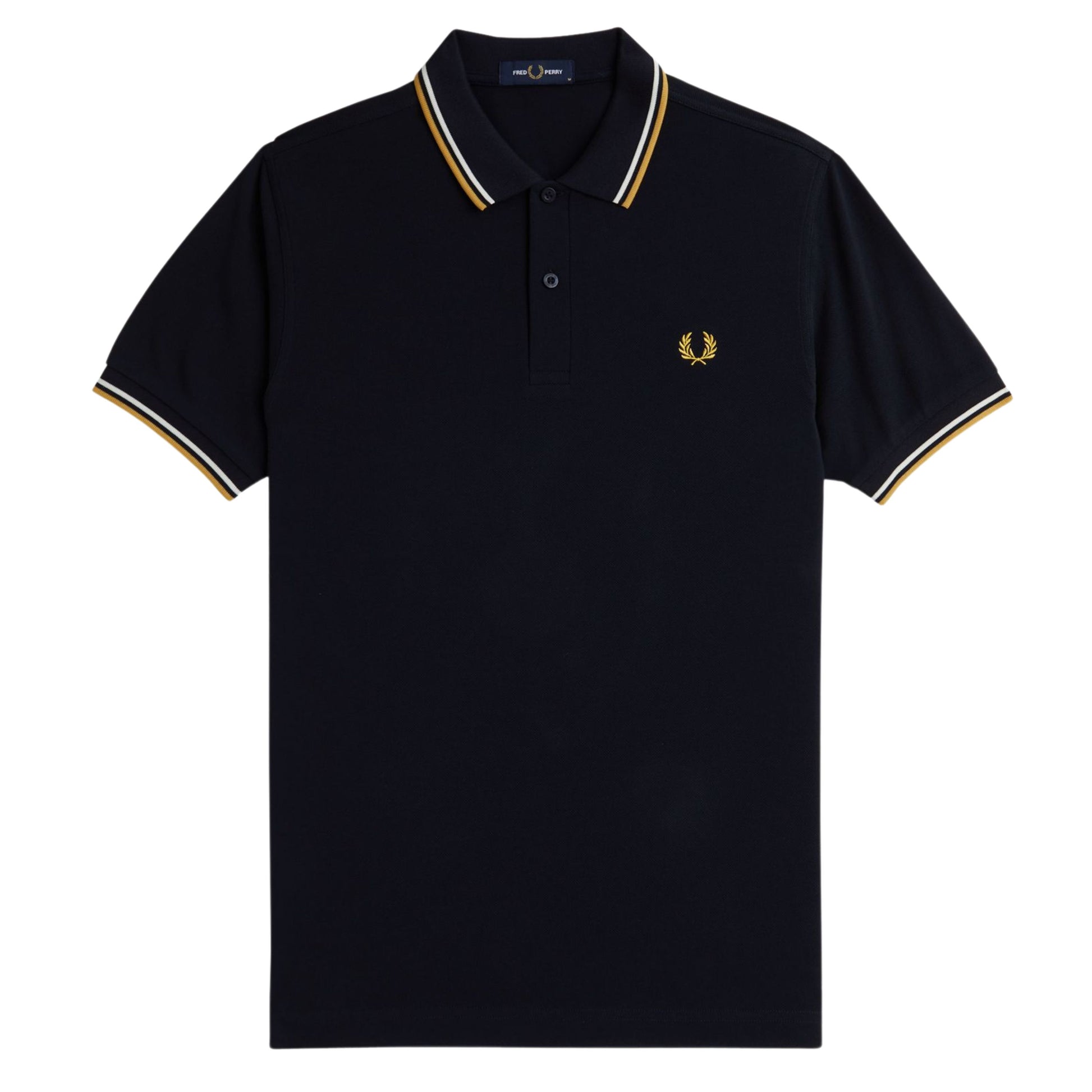 Polo de manga curta para homem Fred Perry Twin Tipped em Azul Marinho/Ecru/Honeycomb. Foto da parte da frente.