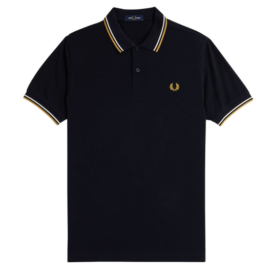 Polo de manga curta para homem Fred Perry Twin Tipped em Azul Marinho/Ecru/Honeycomb. Foto da parte da frente.