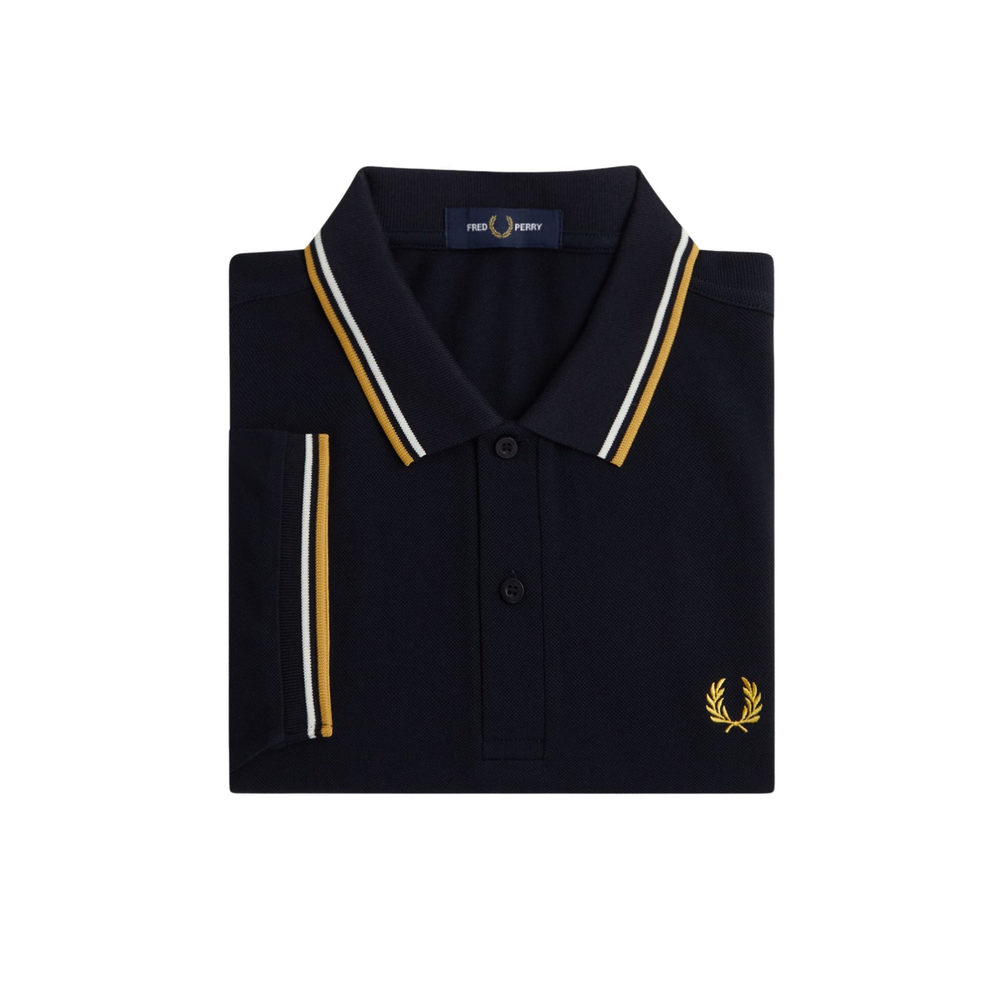 Polo de manga curta para homem Fred Perry Twin Tipped em Azul Marinho/Ecru/Honeycomb. Foto do polo dobrado.