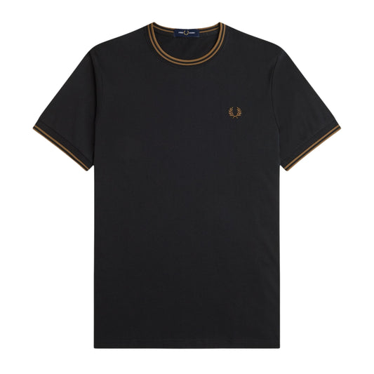 T-Shirt de manga curta para homem Fred Perry Twin Tipped em Preto/Shaded Stone. Foto da parte da frente.