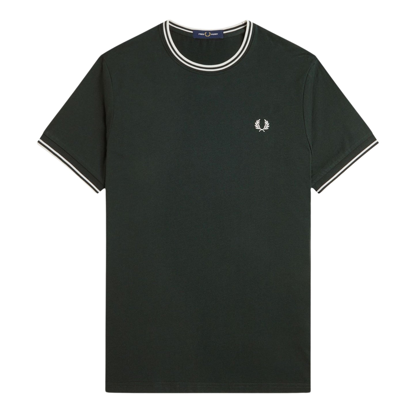 T-shirt de manga curta para homem Fred Perry Twin Tipped em Verde Noite/Branco Neve. Foto da parte da frente.