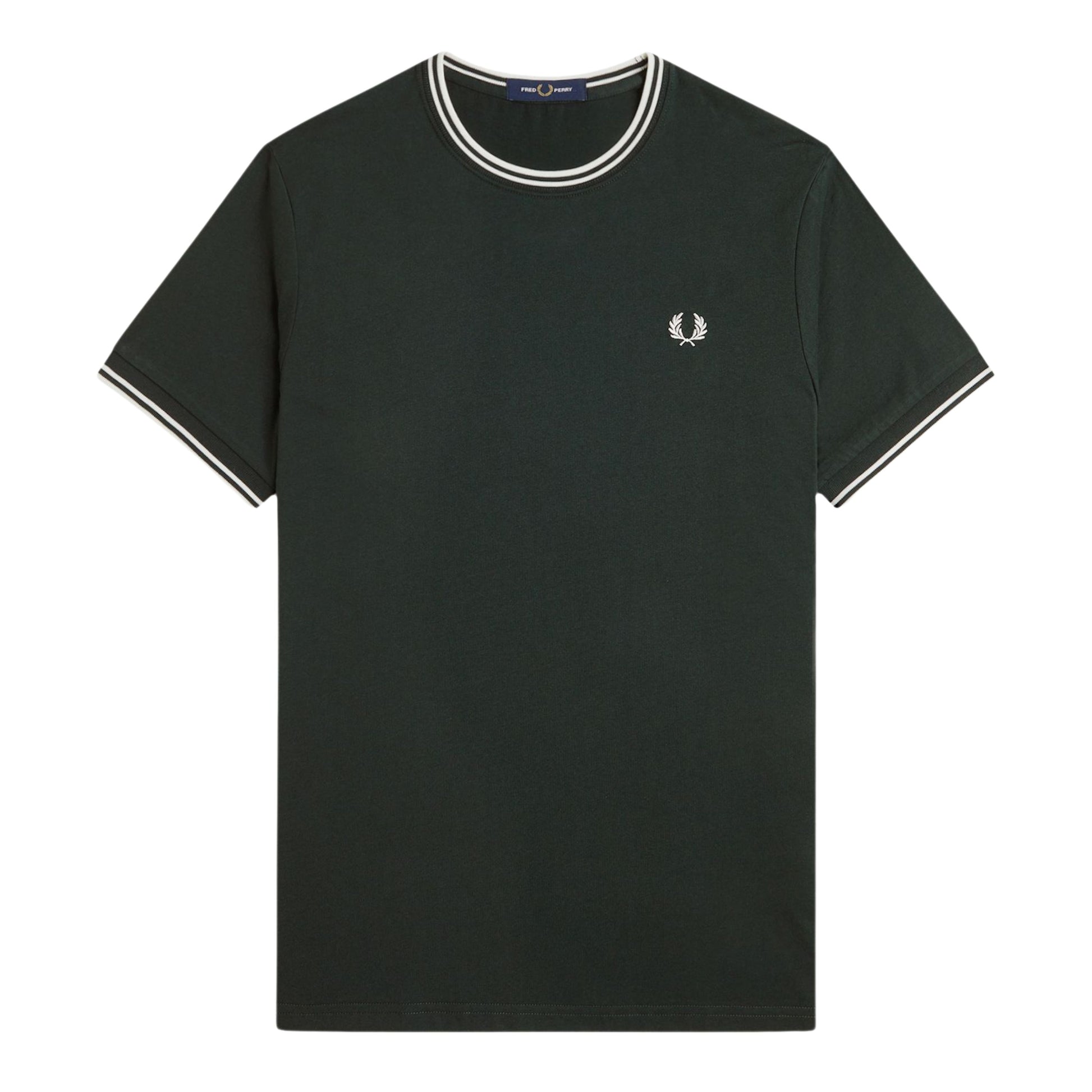 T-shirt de manga curta para homem Fred Perry Twin Tipped em Verde Noite/Branco Neve. Foto da parte da frente.