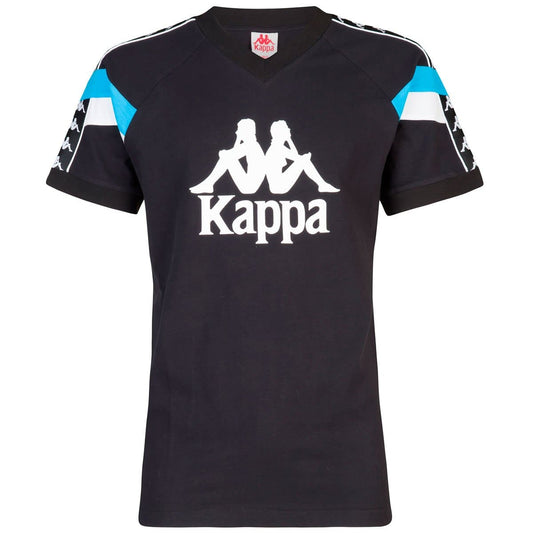 Kappa Authentic Football Edwin T-Shirt em preto, branco e azul turkis. Foto de frente.