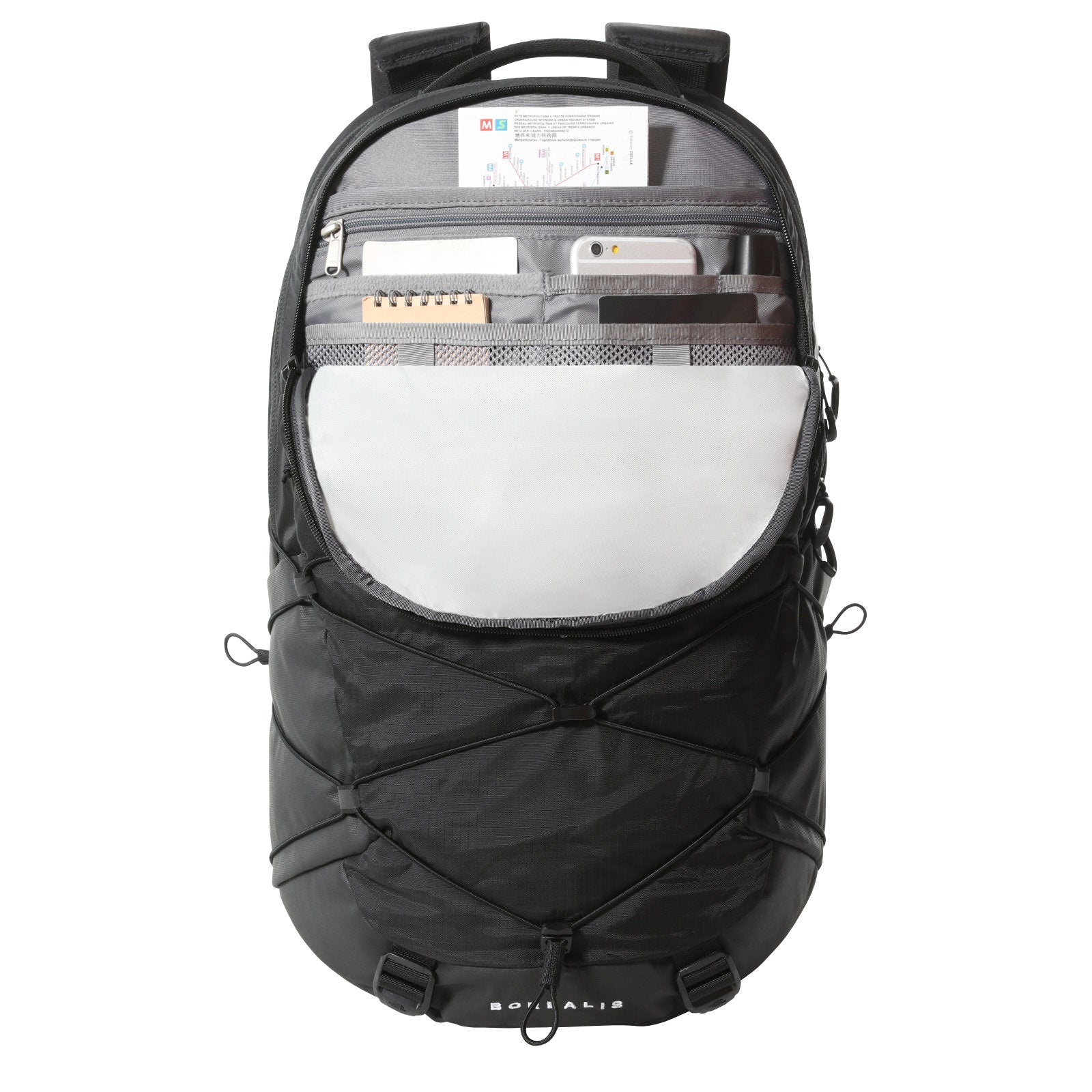 The North Face Borealis Backpack TNF Black/TNF Black. Foto de frente com bolsa pequena aberta.