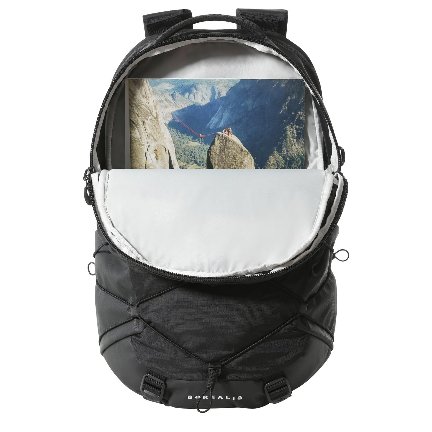 The North Face Borealis Backpack TNF Black/TNF Black. Foto de frente com bolsa grande aberta.