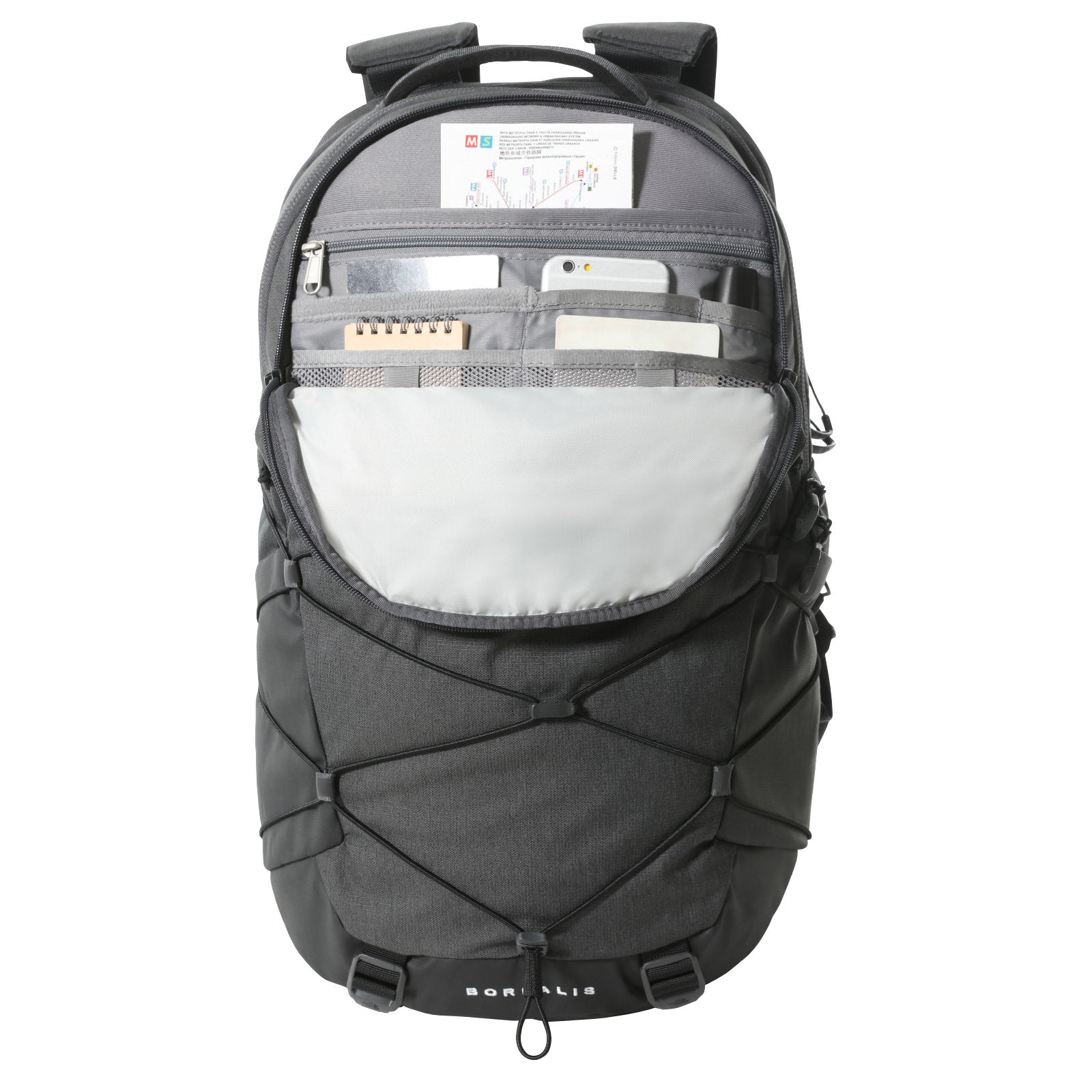 The North Face Borealis Backpack Asphalt Grey Light Heather/TNF Black. Foto de frente com bolsa pequena aberta.