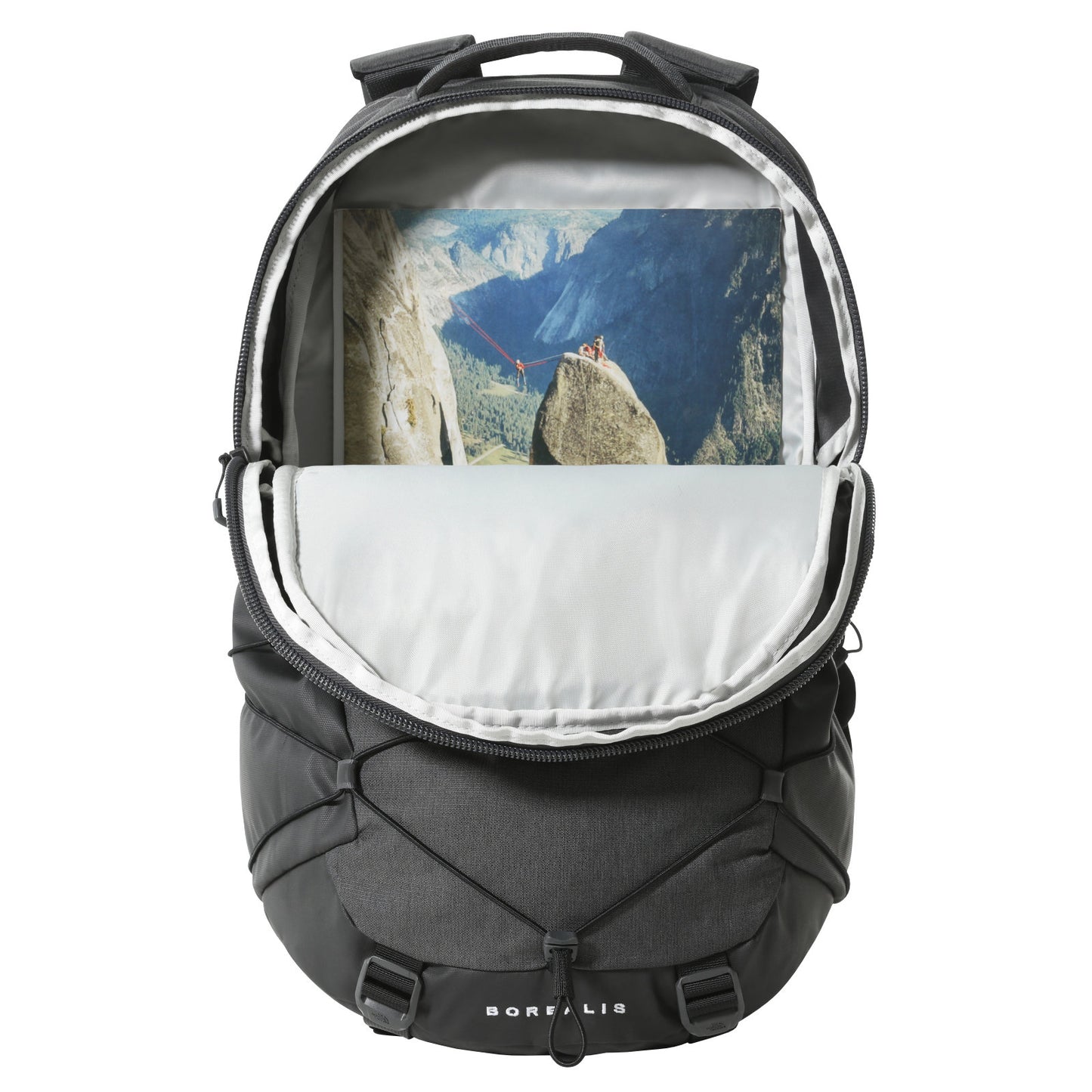 The North Face Borealis Backpack Asphalt Grey Light Heather/TNF Black. Foto de frente com bolsa principal aberta.