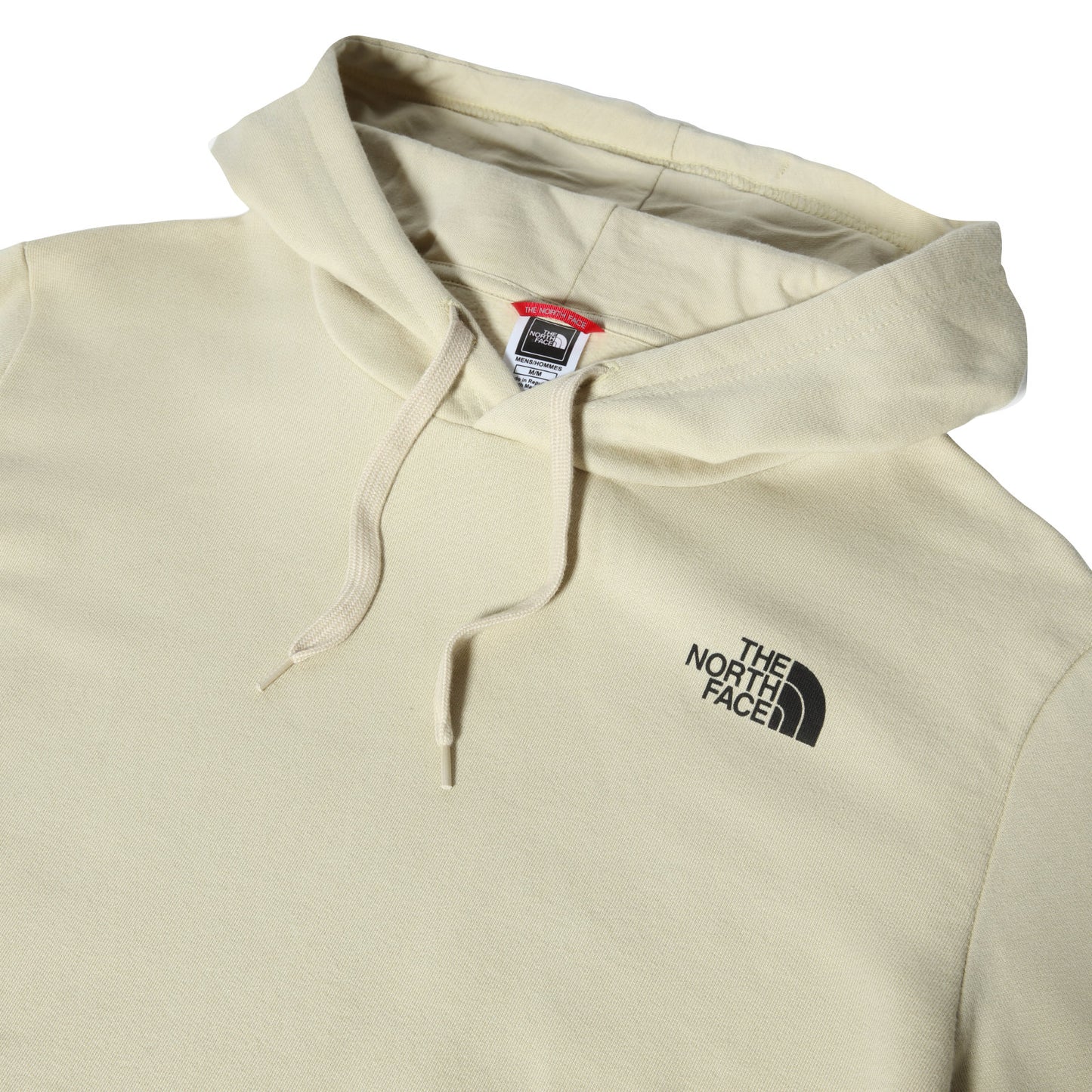 The North Face Galahm Graphic Hoodie Gravel. Foto de detalhe do capuz e do logo estampado no peito.