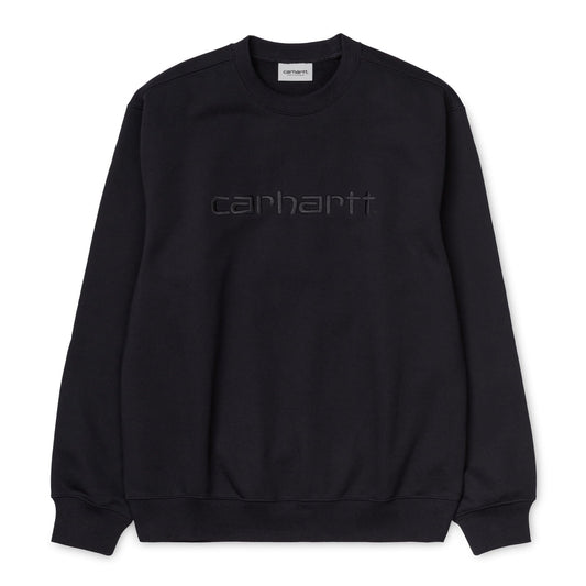 Sweat de homem Carhartt em preto com logo bordado a preto. Foto de frente.