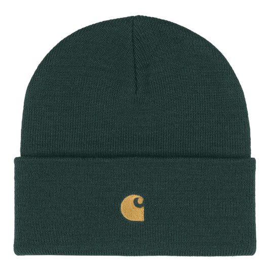 Carhartt WIP Chase Beanie Juniper/Gold. Foto de frente.