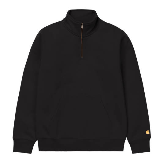 Carhartt WIP Chase Neck Zip Sweat em preto com detalhes em dourado. Foto de frente.