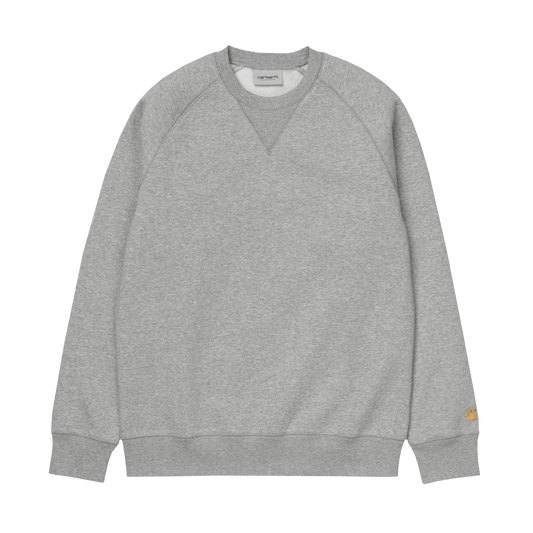 Carhartt WIP Chase Sweat em Grey Heather com detalhes em dourado. Foto de frente.