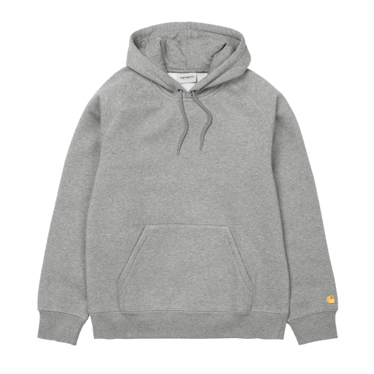 Carhartt WIP Hooded Chase Sweat em Grey Heather com detalhes em dourado. Foto de frente.