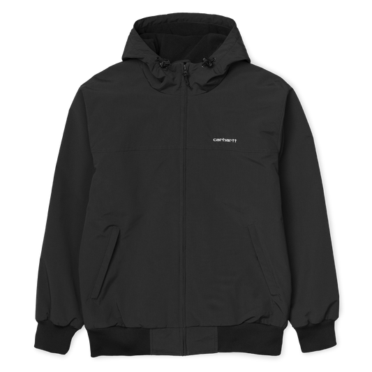 Carhartt WIP Hooded Sail Jacket em preto com logo bordado na frente em branco. Foto de frente.