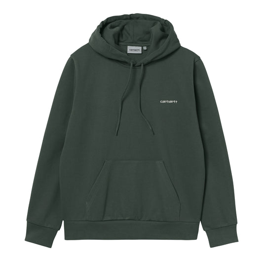 Carhartt WIP Hooded Script Embroidery Sweat Hemlock Green/White. Foto de frente.