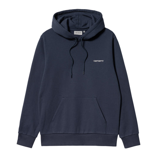 Carhartt WIP Hooded Script Embroidery Sweat Enzian/White. Foto da parte da frente.