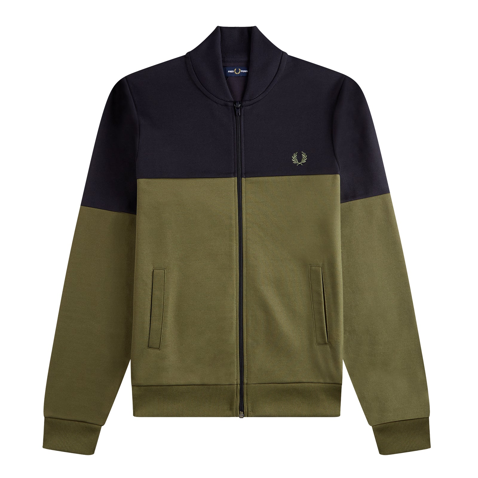 Fred Perry Colour Block Track Jacket Military Green. Foto de frente.