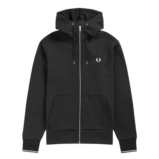 Fred Perry Hooded Zip Through Sweatshirt em preto. Foto de frente.