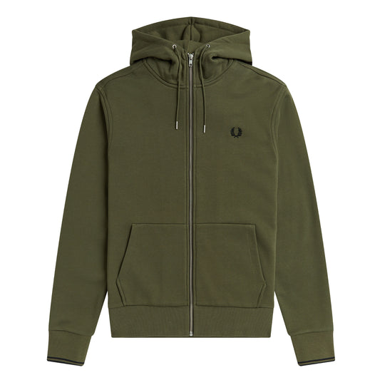 Fred Perry Hooded Zip Through Sweatshirt Military Green. Foto de frente.