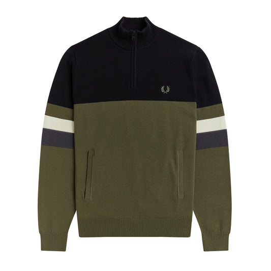 Fred Perry Colourblock Half-Zip Jumper Military Green. Foto de frente.