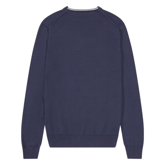 Camisola de homem em malha azul marinho Fred Perry Classic Crew. Foto de costas.