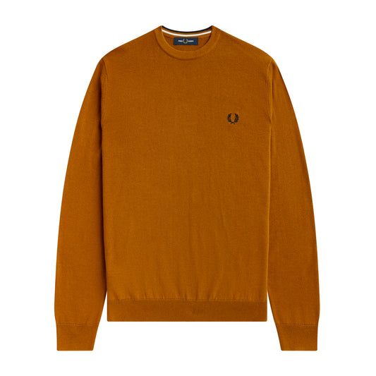 Fred Perry Classic Crew Neck Jumper Dark Caramel. Foto de frente.