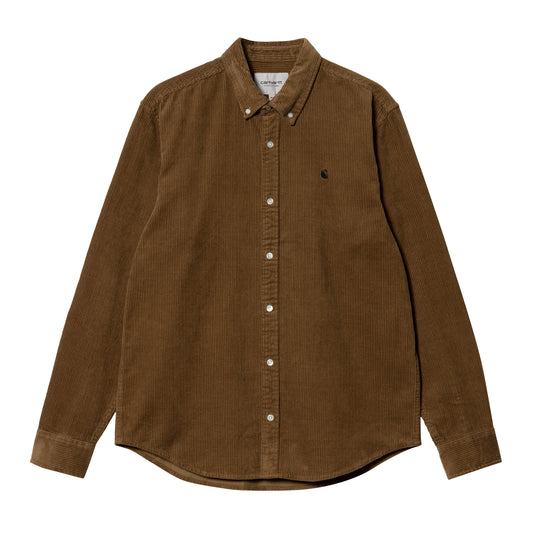Carhartt WIP Madison Cord Shirt Hamilton Brown/Black. Foto da parte da frente.