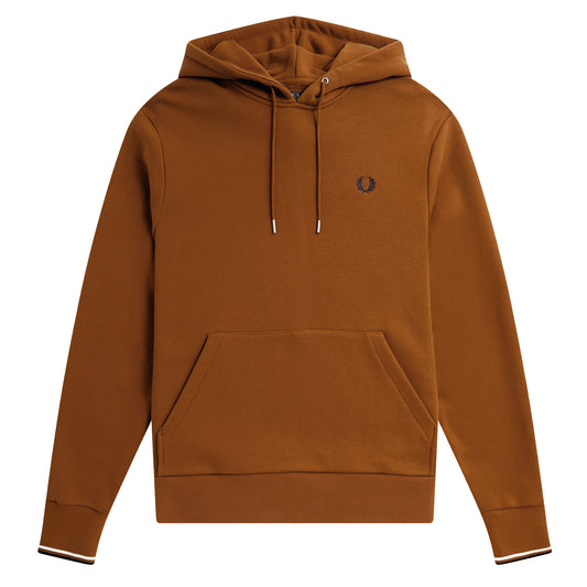 Fred Perry Tipped Hooded Sweatshirt Dark Caramel. Foto de frente.