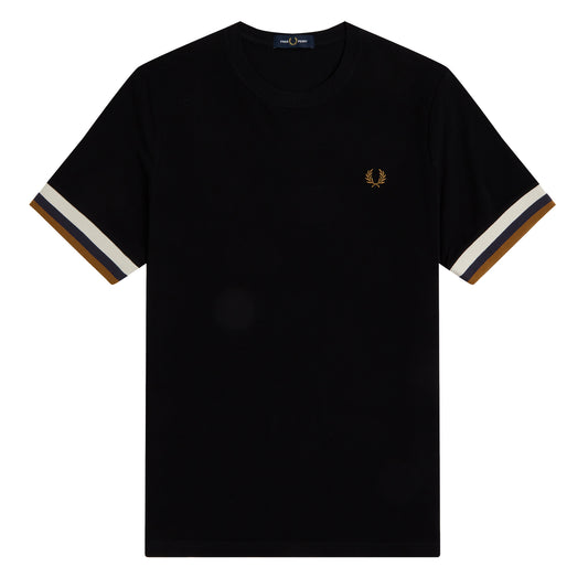 Fred Perry Striped Cuff Pique T-Shirt Black. Foto de frente.