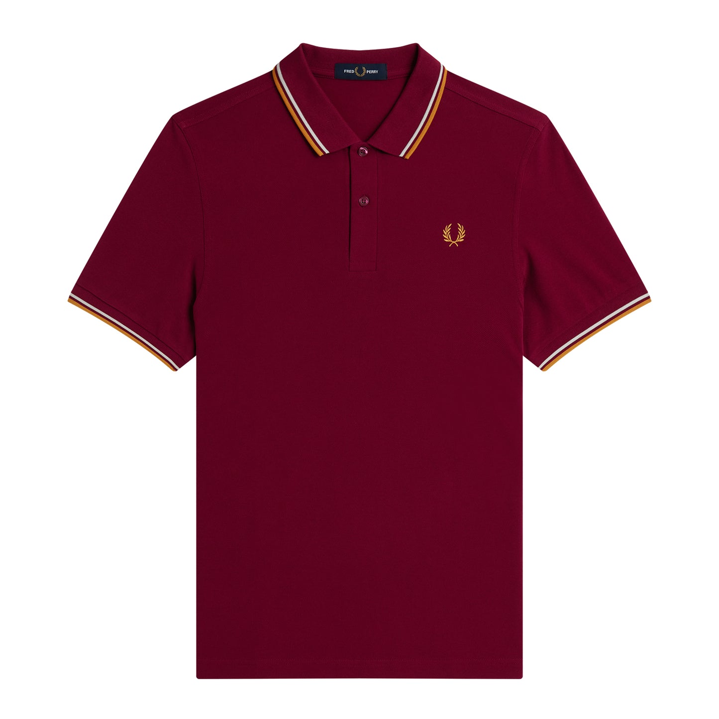 Fred Perry Twin Tipped Fred Perry Shirt Tawny Port/Gold/Gold. Foto de frente.