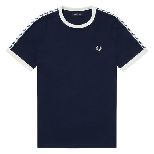 T-Shirt de homem Fred Perry Taped Ringer em azul. Foto de frente.