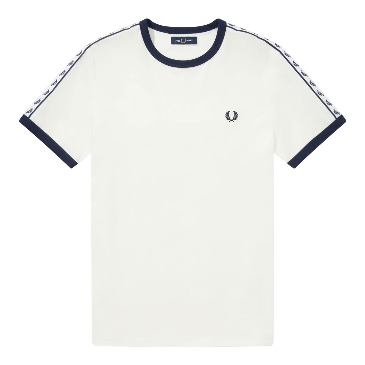 Fred Perry Taped Ringer T-Shirt Snow White/Carbon Blue. Foto de frente.