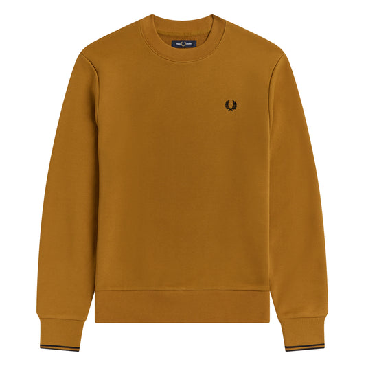 Fred Perry Crew Neck Sweatshirt Dark Caramel/Black. Foto de frente.