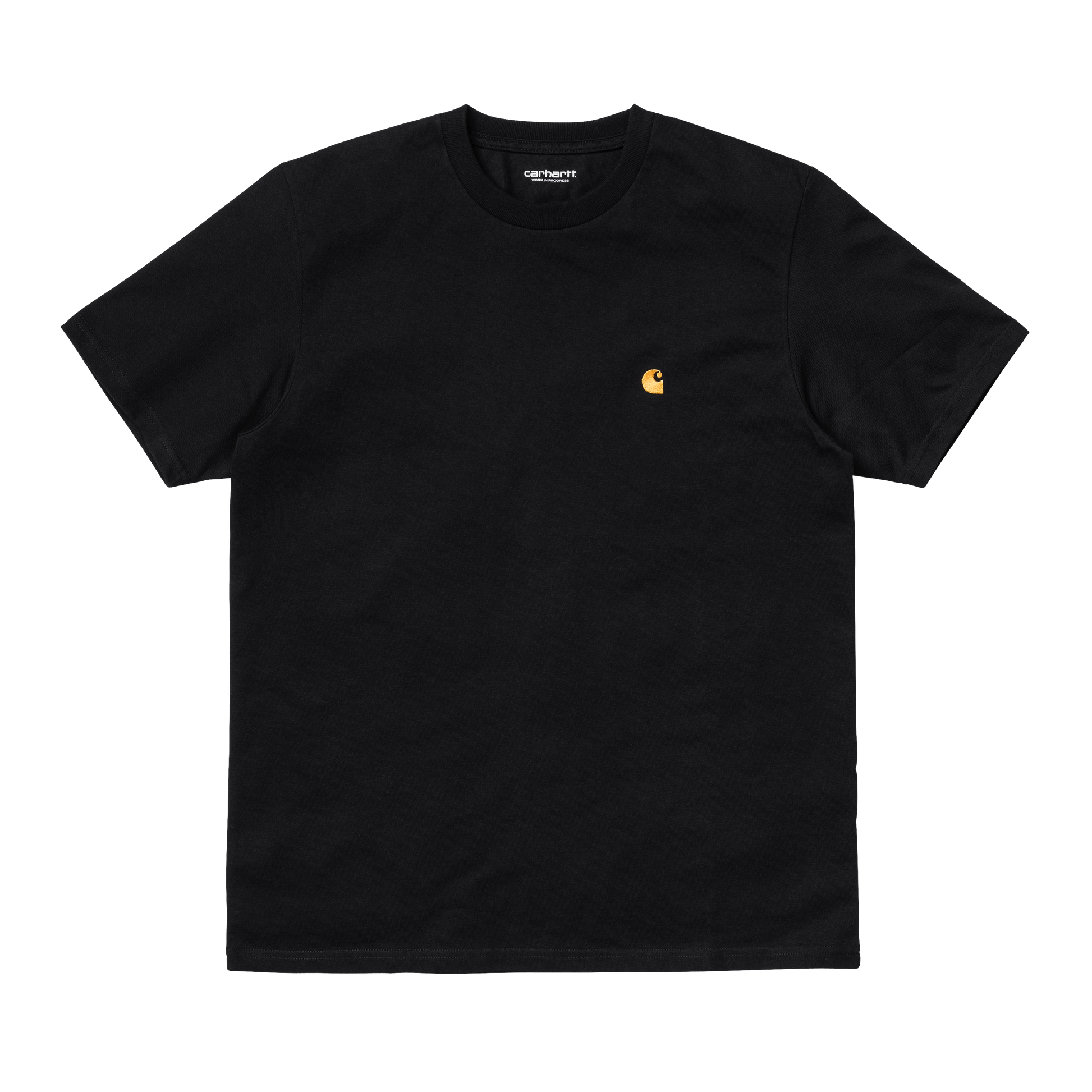 Carhartt WIP Chase T-Shirt em preto com logo bordado a dourado. Foto de frente.