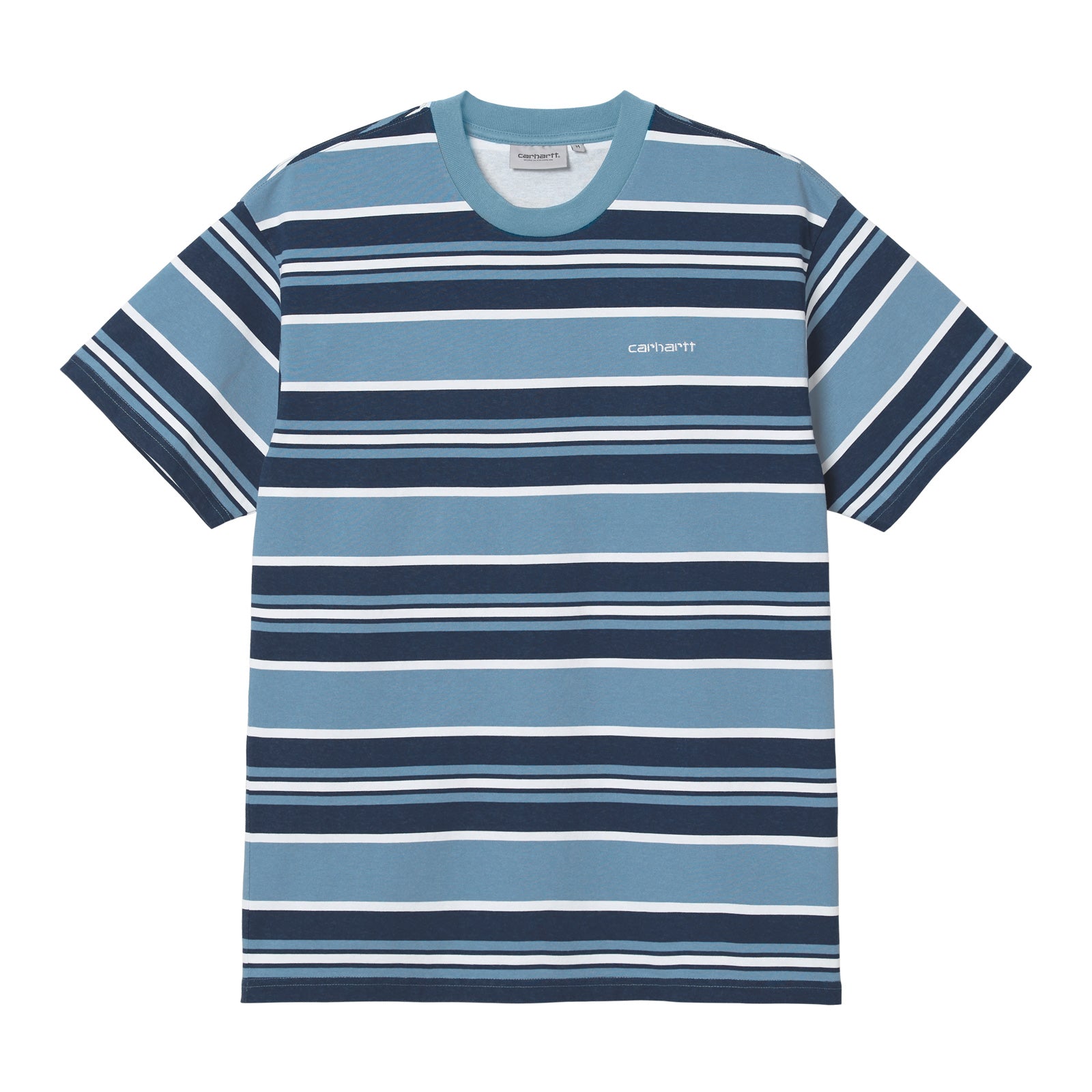 Carhartt WIP Corfield T-Shirt Corfield Stripe, Icy Water. Foto de frente.