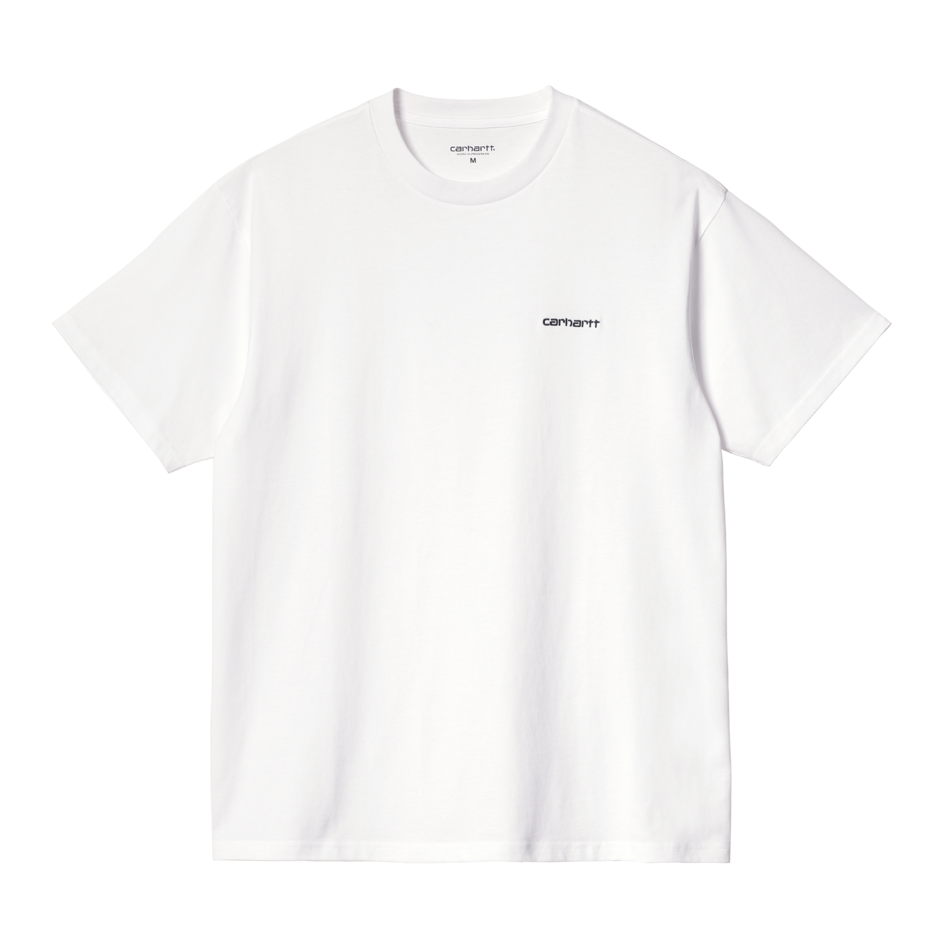 Carhartt WIP Script Embroidery T-Shirt em branco com logo bordado a preto. Foto de frente.
