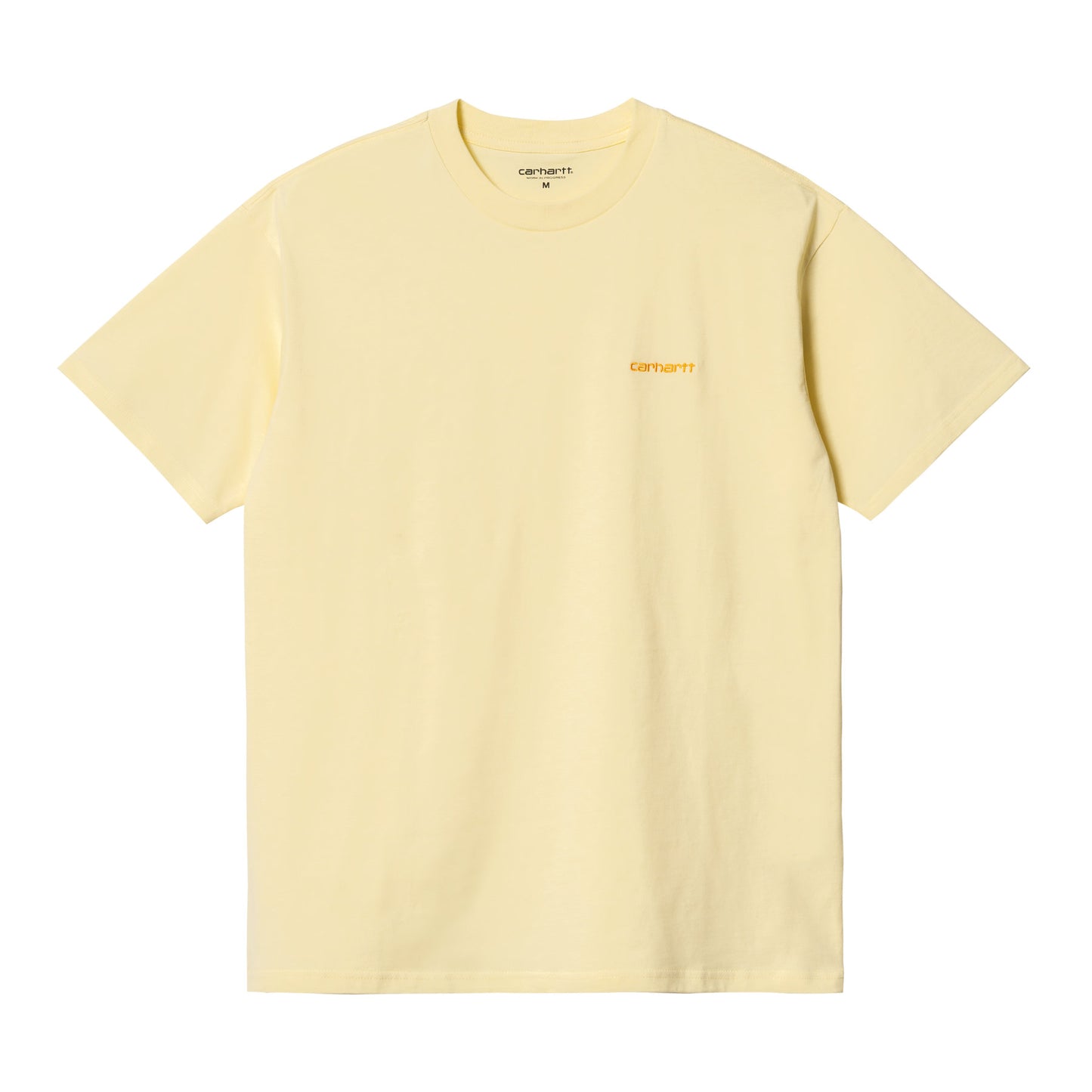 Carhartt WIP Script Embroidery T-Shirt Soft Yellow/Popsicle. Foto de frente.