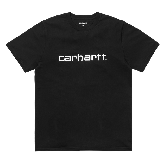 Carhartt WIP Script T-Shirt em preto com print em branco. Foto de frente.