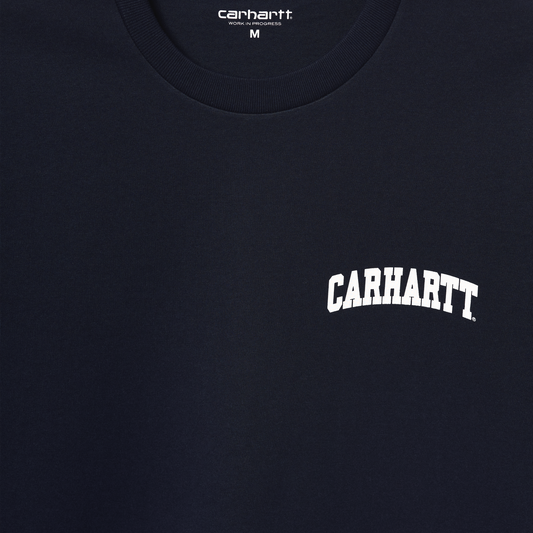 Carhartt WIP University Script T-Shirt Dark Navy/White. Foto de detalhe do print no peito.