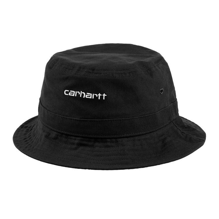 Carhartt WIP Script Bucket Hat em Preto. Foto de 3/4 de frente.