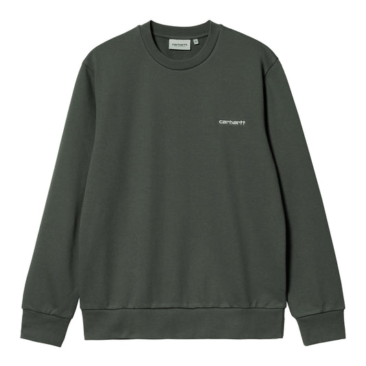 Carhartt WIP Script Embroidery Sweat Hemlock Green/White. Foto de frente.