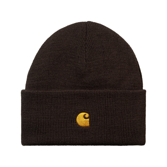 Carhartt WIP Chase Beanie Dark Umber/Gold. Foto da parte da frente.