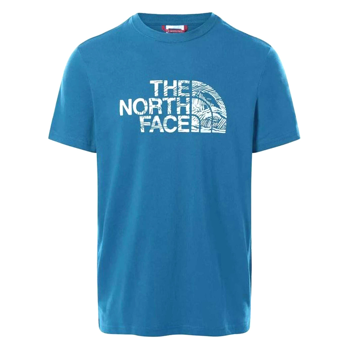 The North Face Woodcut Dome T-Shirt Banff Blue. Foto da parte da frente.