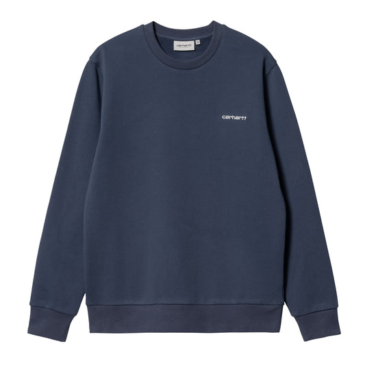 Carhartt WIP Script Embroidery Sweat Enzian/White. Foto da parte da frente.